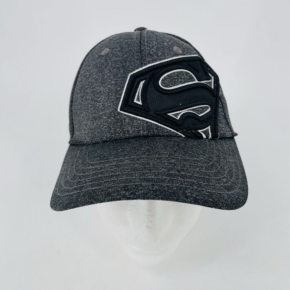 Superman Hat Off Center Logo Cut Gray Black Fitted Cap Embroidered Stretch OSFM